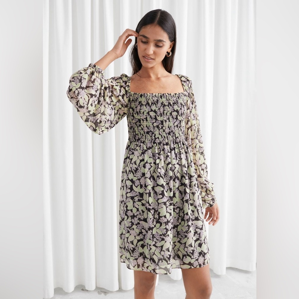 & other stories Voluminous Black lilac smocked floral dress long sleeve